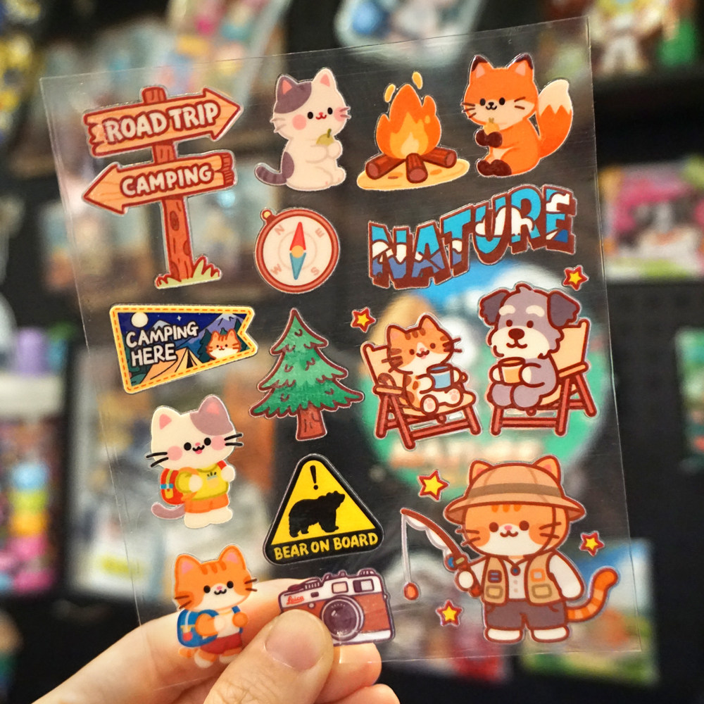 原创可爱卡通小猫露营户外猫咪装饰电动车贴UV水晶标转印贴防晒