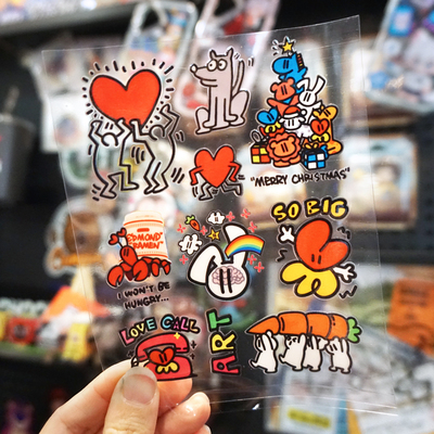 思凯哈林趣味波普艺术涂鸦手绘卡通装饰UV转印贴防水防晒水晶标