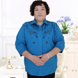 处理特价棉质衬衣中老年衬衫胖妈妈上衣宽松春秋奶奶绣花女装