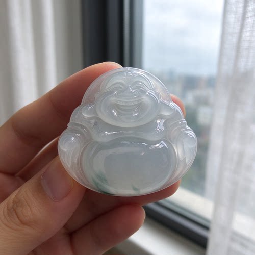 天然缅甸A货翡翠冰种飘花佛公吊坠老坑种水通透大肚弥勒笑佛玉佩