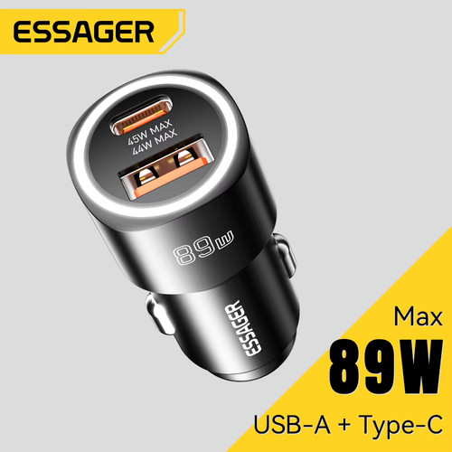 Essager USB Car Charger 89W QC4.0 Fast Charging USB Type C Car Phone Charger For iPhone Oppo Huawei