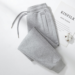 休闲冬季 纯棉运动裤 女春秋2024新款 灰色全棉束脚宽松大码 加绒卫裤
