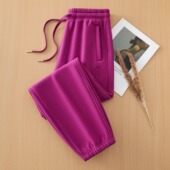 子 加绒纯棉休闲裤 100%棉束脚卫裤 女秋冬全棉火龙果色女士运动裤