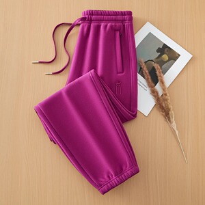 100%棉束脚卫裤女秋冬全棉火龙果色女士运动裤加绒纯棉休闲裤子