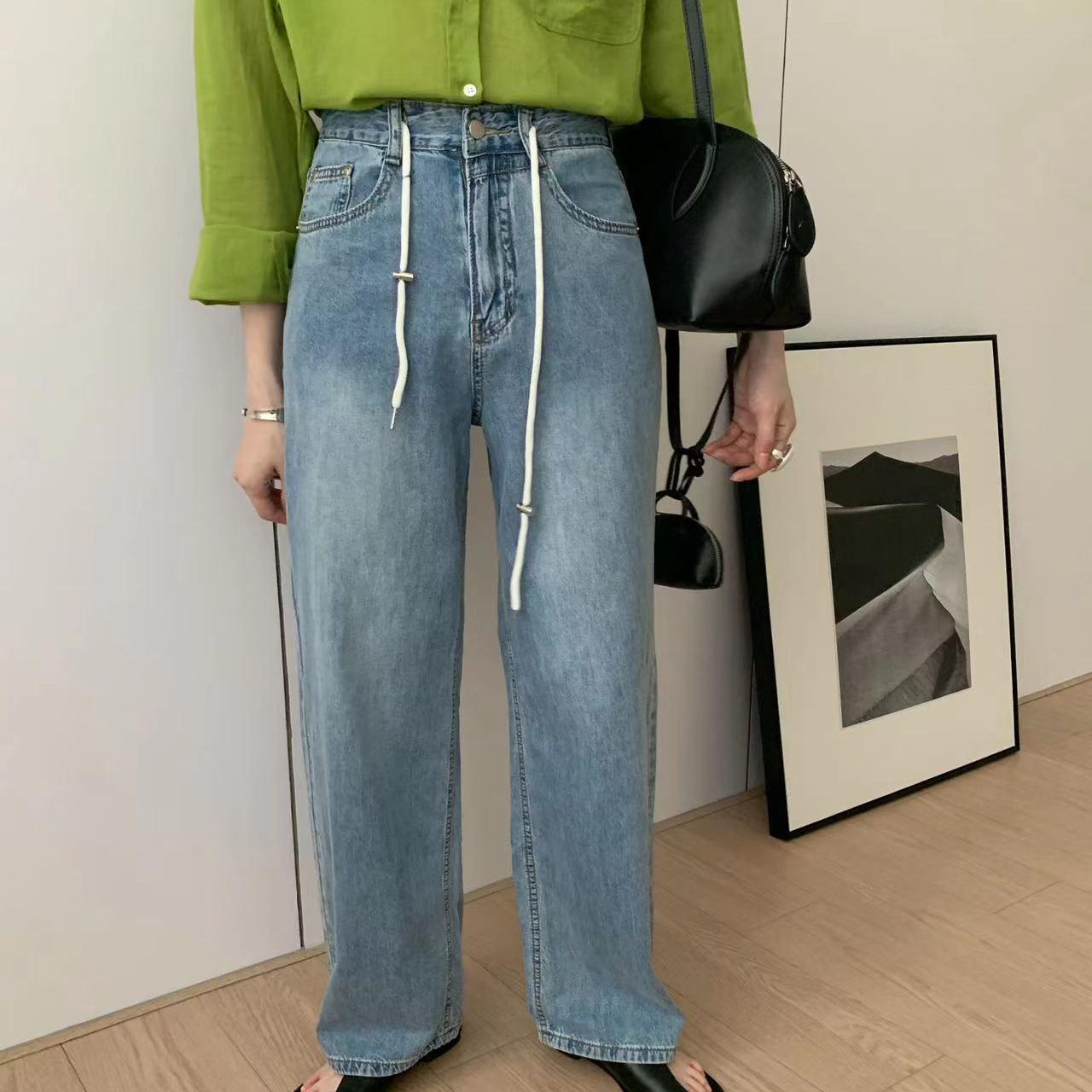 清仓不退换 KITTIN秋季新款韩版抽绳宽松直筒高腰软牛仔裤长裤女