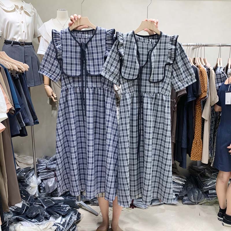 清！原69 新款文艺日系复古休闲可拆海军翻领格子黑色中长连衣裙