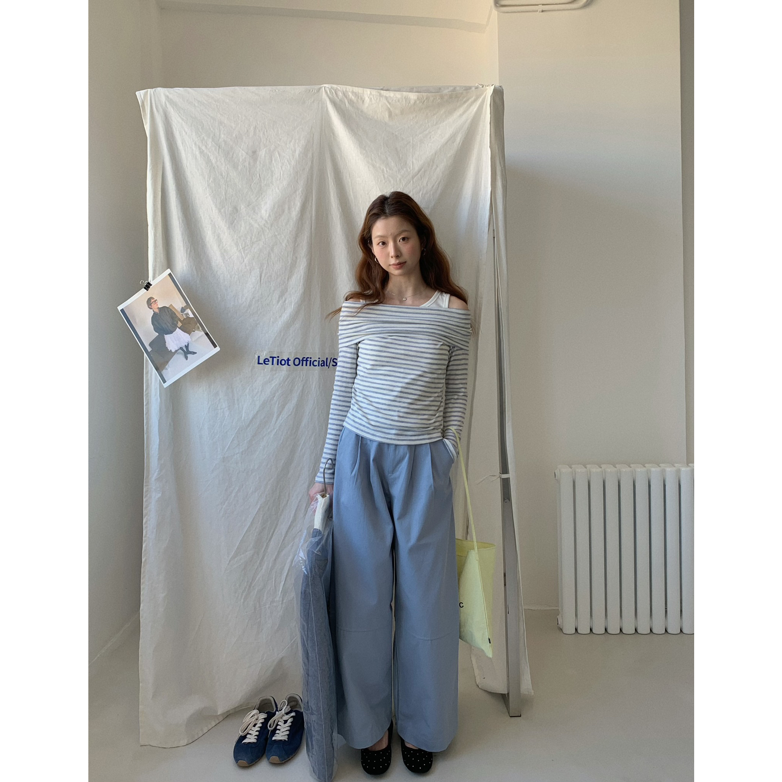 清仓不退换 TABLE BLUE设计感纯色棉高腰宽松拖地直筒阔腿长裤女