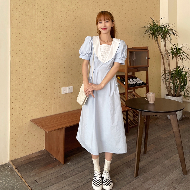 清！原79 韩版复古小清新长款短袖学院风海军翻领中长连衣裙子女