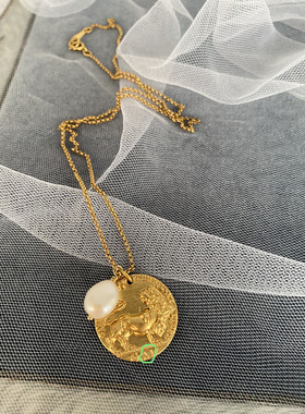 时尚风复古圆牌巴洛克珍珠包邮