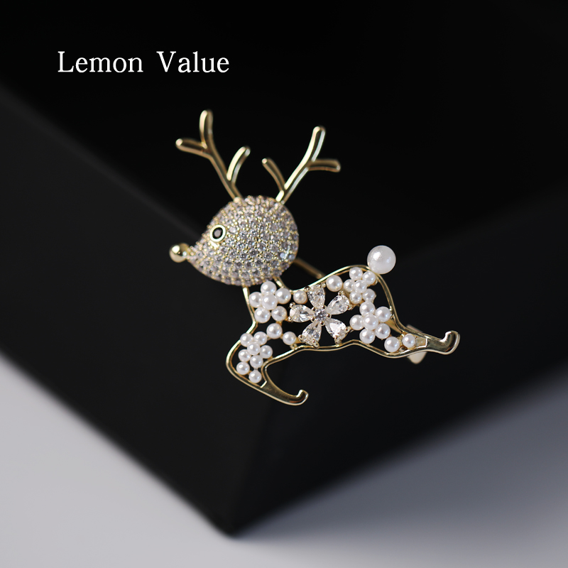 Lemon Value小鹿一路有你胸针小动物高档别针西装衣配饰珍珠胸花
