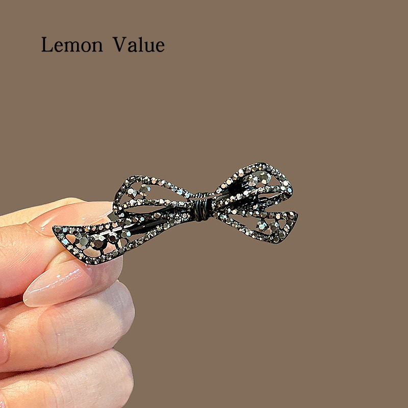 Lemon Value高级感闪钻边夹黑色蝴蝶结金属发夹高级感侧刘海夹女