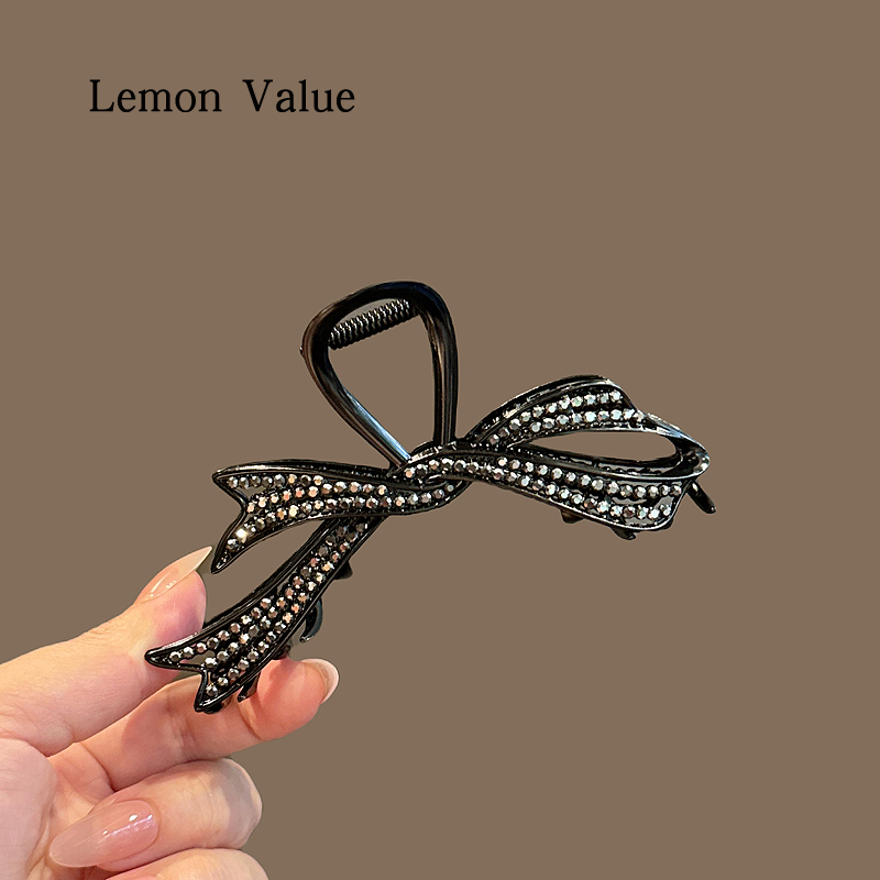 Lemon Value简约气质黑色水钻蝴蝶结抓夹大号高级感后脑勺盘发夹