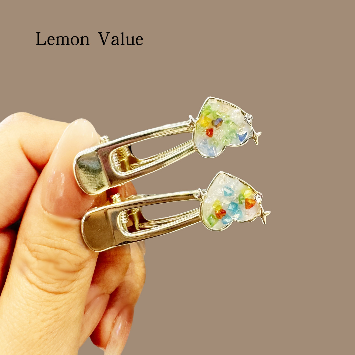 可爱甜美爱心刘海夹爱心水晶彩石对夹刘海侧边夹鸭嘴夹简约一字夹