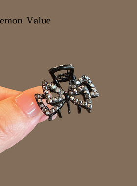 Lemon Value蝴蝶结水钻黑色发夹女气质前额八字刘海侧边夹小抓夹