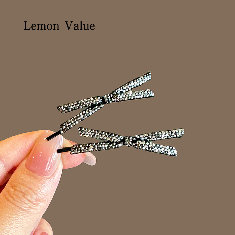 Lemon Value蝴蝶结刘海边夹黑色水钻气质发夹简约碎发一字夹发卡