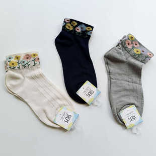 日单森系花朵拼接女士中筒袜短袜皆川明风碎花复古女袜