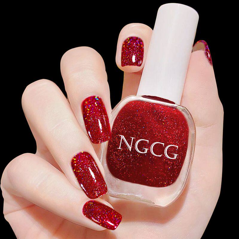 细闪亮片红色指甲油免烤持久快干不可撕2024新款流行全套美甲套装