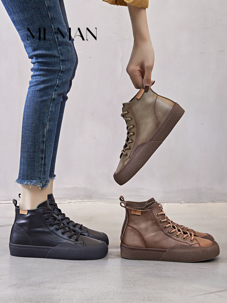 TOP LAYER COWHIDE HIGH-TOP SHOES MARTIN BOOTS WOMENS 2024 NEW FALL|WINTER VELVET RETRO SLIP-ON MATERNITY SHOES BOOTIES