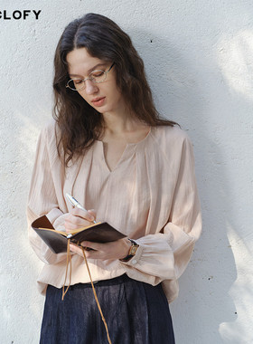 CIRCLOFY瑟夕 设计感简约裸粉色小V领气质舒适休闲宽松长袖衬衫女