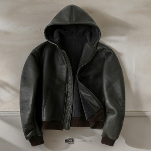 男宽松皮衣夹克外套 廓型连帽皮衣 宝藏级 质感羊皮毛一体男士