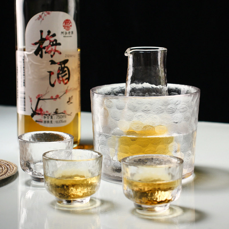 日式清酒壶套装玻璃黄酒温酒器烫酒壶家用一两白酒杯咖啡锤纹金边