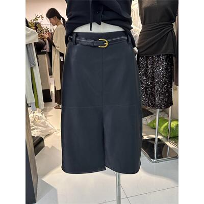 ES MODISH 高级老钱风高腰显瘦开叉PU半身皮裙女早春休闲通勤中裙