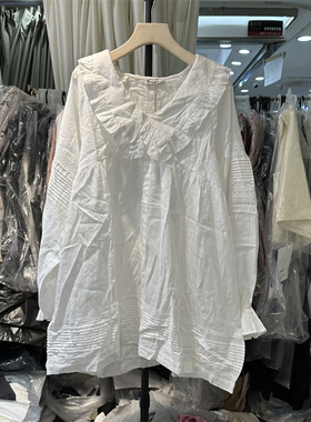 【柏拉图】BOLATU棉麻中长小花边大翻领白色短款连衣裙时髦23057