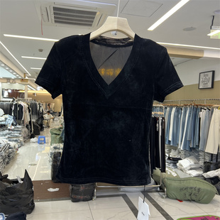 T恤衫 DU.DU3227正版 女 显瘦丝绒短袖 修身 夏新品 V领垫肩小个子短款