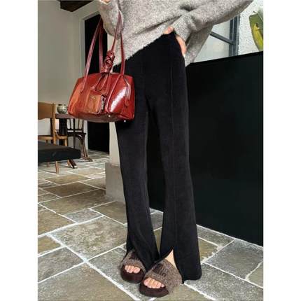 摩登Mdeng灯芯绒前开叉高腰休闲裤女秋新款显瘦拖地裤3226F