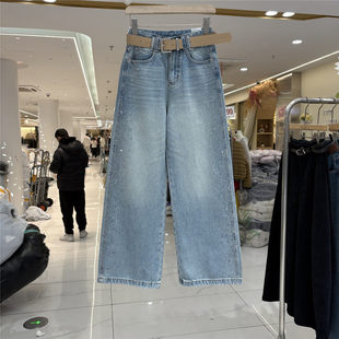 新品 欧货7283美式 重工侧边烫钻阔腿裤 女2026春装 高腰拖地牛仔长裤