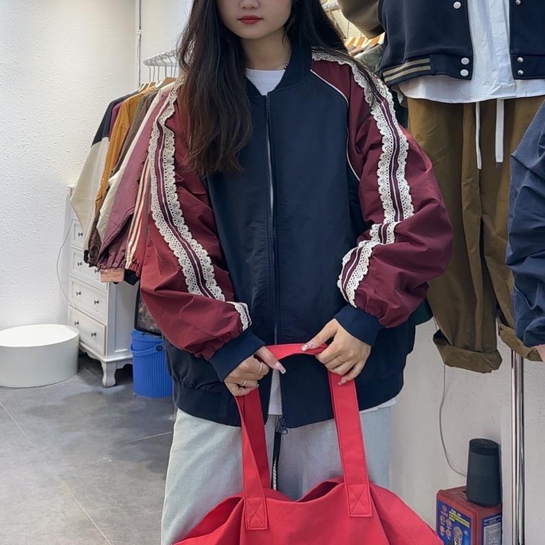 大9立领外套女春秋新款2025韩版宽松休闲百搭蕾丝花边棒球服女