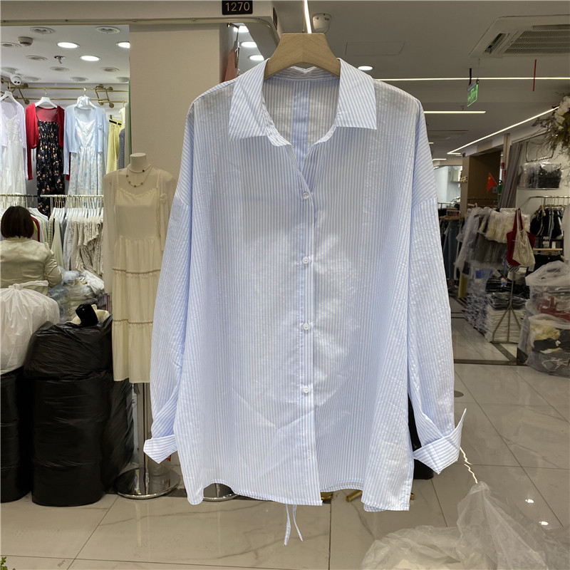 LIYUNZHEN李允珍8073春夏竖条纹蓝色后背开叉长袖衬衫防晒衣女潮