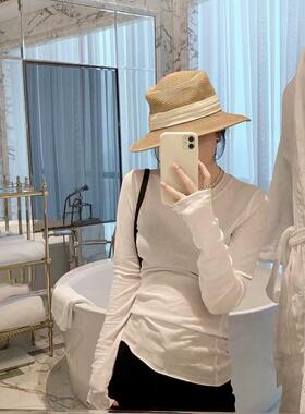 闰熙RUNXI！纸片人！韩国棉麻长袖圆领修身T恤后背叠穿打底衫1805