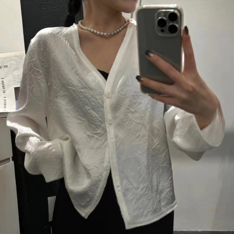 MEETC.Z优雅高品质醋酸长袖V领宽松开衫女2026春新款缎面衬衫上衣图片