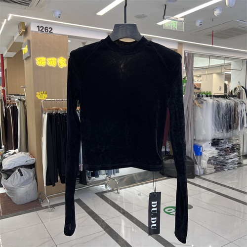 DUDU8519新款2026年春季女上衣新款丝绒修身短款小立领长袖T恤女