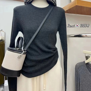 runxi9033明星同款灰色圆领羊毛针织衫长袖上衣女秋冬内搭打底衫