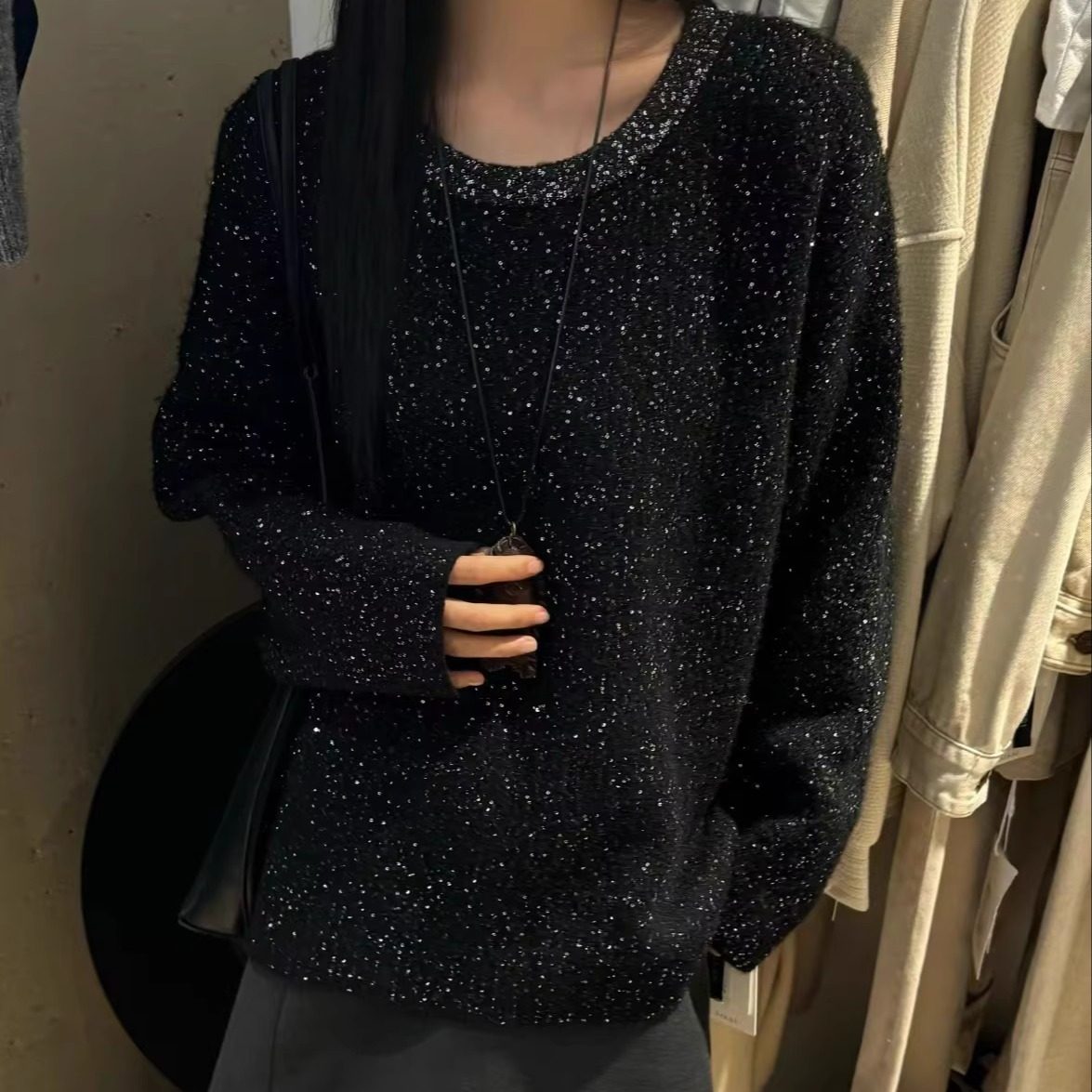 ELSISSI亮片闪银针织衫女冬爆款高级感气质圆领显瘦宽松上衣7050