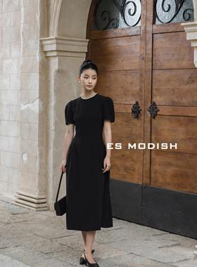 ES MODISH泡泡袖连衣裙女高级感法式赫本风圆领收腰黑色长裙2636
