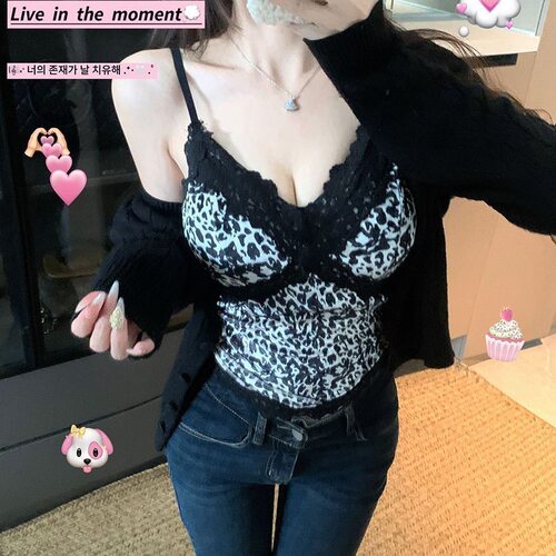 2026新款丝绒蕾丝豹纹吊带背心女内搭性感美背文胸一体打底上衣