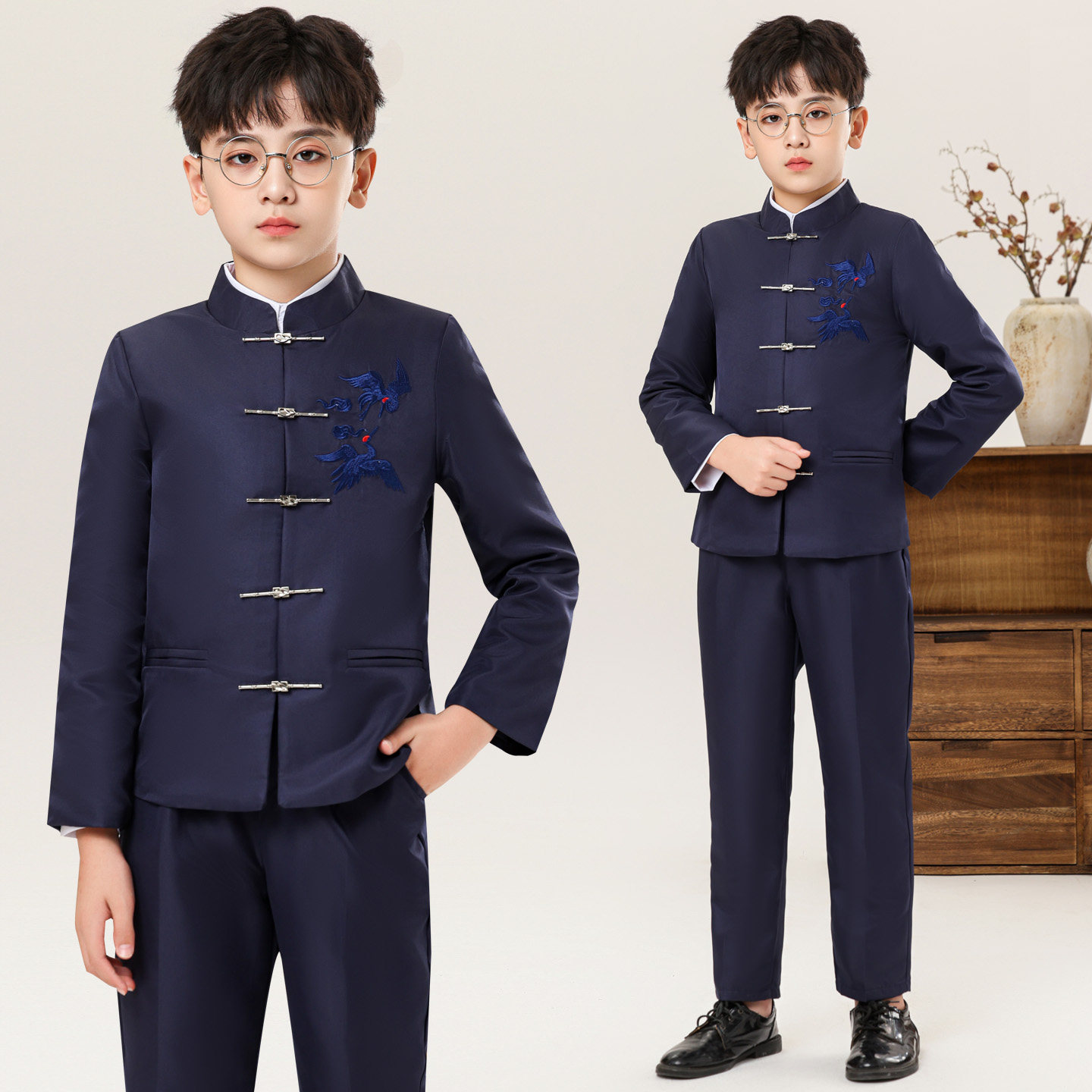 儿童西装套装男童主持人礼服花童元旦国风中山装新中式钢琴演出服