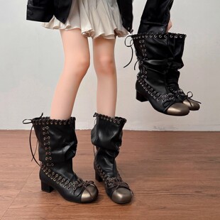 小众绑带设计马丁靴秋冬季新款推推靴粗高跟中筒短靴帅气靴子女靴
