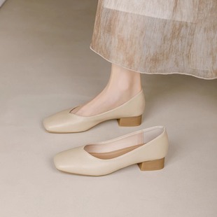 女夏季 法式 裸色真皮奶奶鞋 2025新款 女 中跟粗跟女鞋 软皮不累脚单鞋