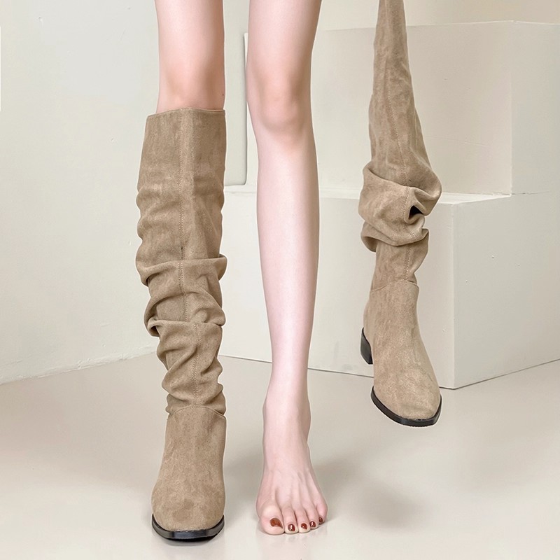 褶皱不过膝长筒靴尖头西部牛仔靴