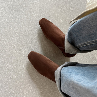 5cm跟高 复古方头内增高短靴女2025秋冬款绒面百搭小裸靴子瘦瘦靴