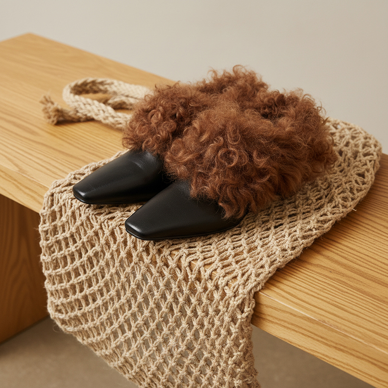 真皮法式方头毛毛鞋加绒保暖