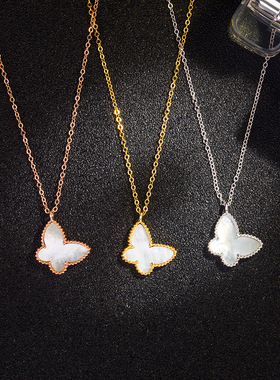 蝴蝶项链18K金白贝母玛瑙甜美简约少女心s925电镀吊坠百搭锁骨链