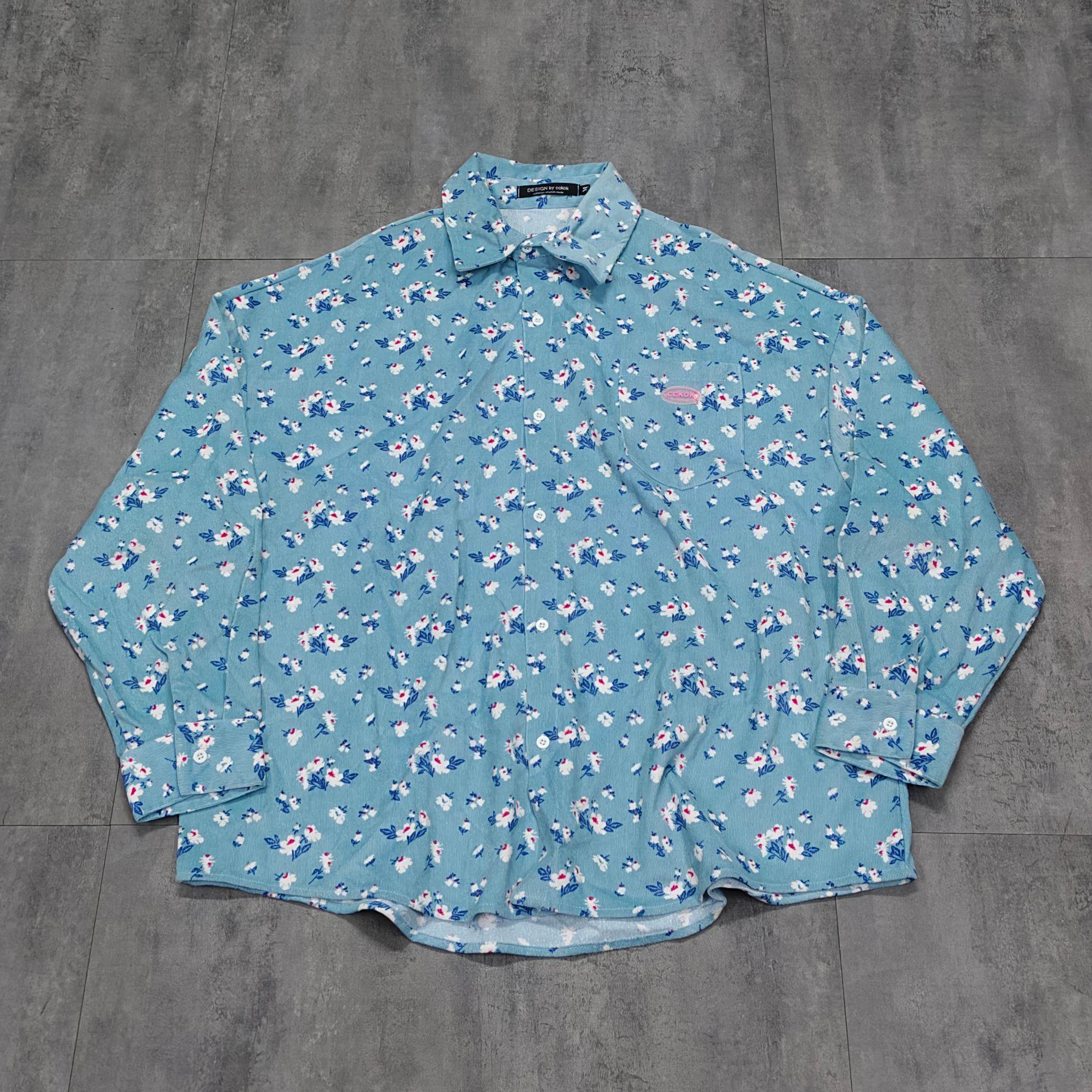 美式复古碎花衬衫男女同款oversize宽松浅蓝花卉印花外套[412]