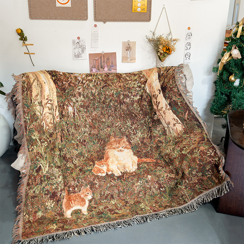 美式复古猫咪流苏挂毯ins客厅单人沙发毯子盖布午睡毯床尾巾地毯