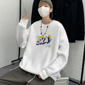 白色宽松大码圆领印花卫衣港风大皂情侣XZ517A-1-WY602-P43控58,男装卫衣,星座517A-1