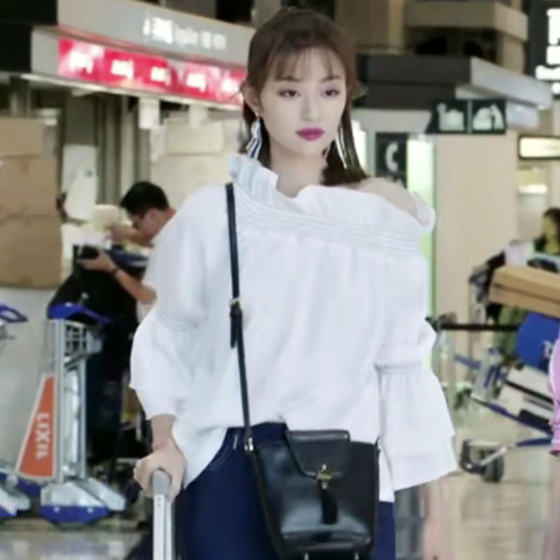 青春斗钱贝贝盖玥希同款一字领露肩白色荷叶边喇叭袖衬衫上衣女夏|msdalam kategori Butik wanita / wanita, shirt - dari Buy2taobao.com untuk memberikan perkhidmatan ejen Taobao profesional membeli
